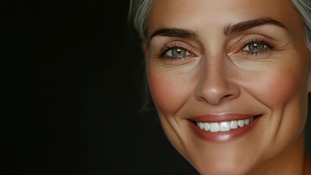A close-up portrait of a woman with captivating blue eyes and soft facial features.