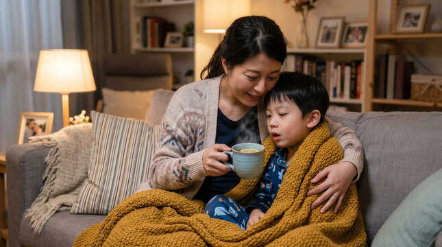 Caring asian mother comforting her coughing young son wrapped in a warm blanket, offering hot chamomile tea in a cozy living room.