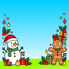 Fototapeta premium Christmas Background with Snowman Gingerbread Man and Copy Space