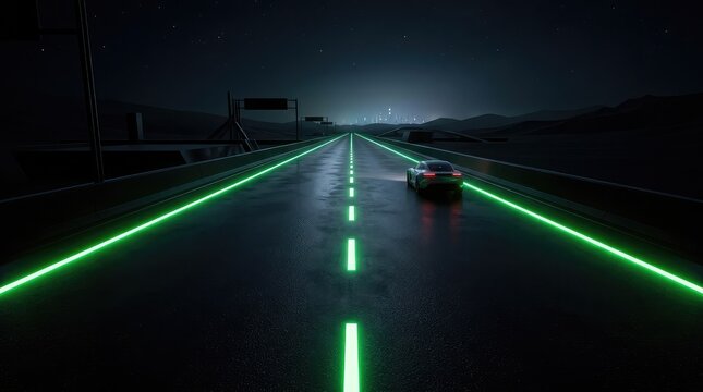 Modern highway at night with glowing green lane markings and a car driving into the distance