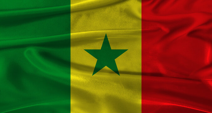 Flag of Senegal with fabric textured background. Close up of National flag of Senegal with realistic texture