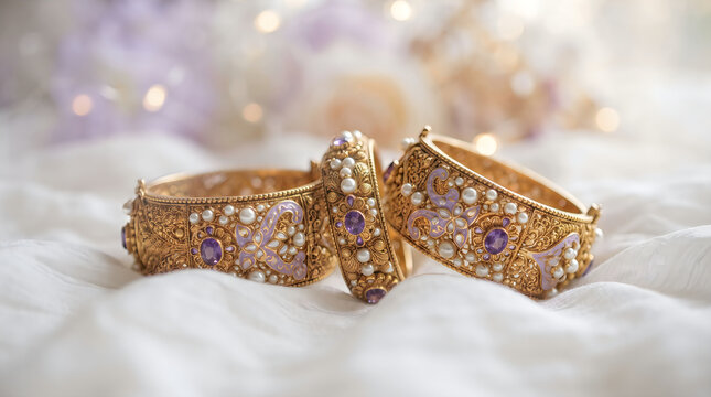 Close-up of golden bangles with purple stone inlay on soft white fabric background bracelets accessories traditional