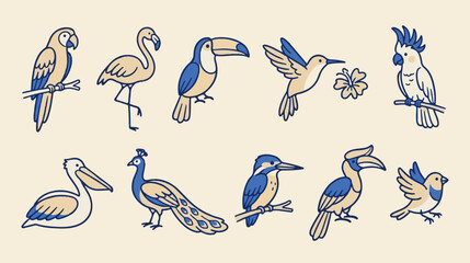 Obraz premium Vintage tropical bird vector set, hand-drawn exotic birds collection, 10 blue and beige bird illustrations for nature branding
