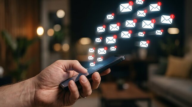 Digital email marketing concept with hand holding smartphone, incoming message notifications flying out of mobile screen, online communication