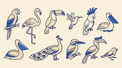 Obraz premium Hand-drawn tropical bird icons, set of 11 exotic avian vector illustrations, blue and cream wildlife sketches for branding and stationery
