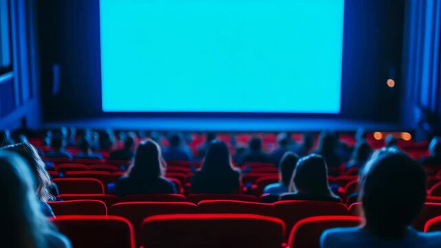 A group of individuals seated in a movie theater with blue light illuminating the screen