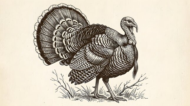 Detailed vintage engraving of a wild turkey in natural habitat
