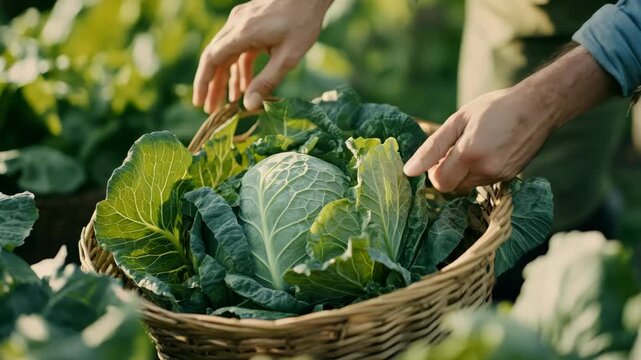 Man picking cabbage from the ground in an outdoor field.