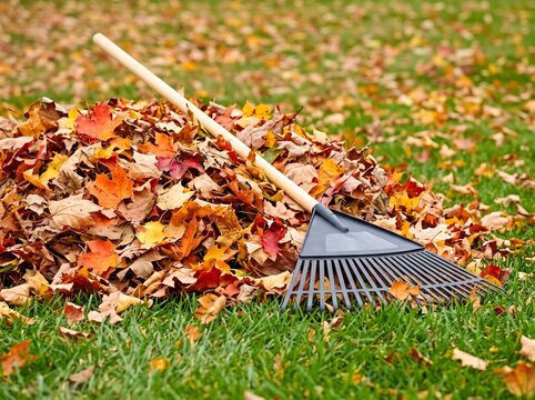 Autumn leaves pile with rake on green grass lawn fall cleanup