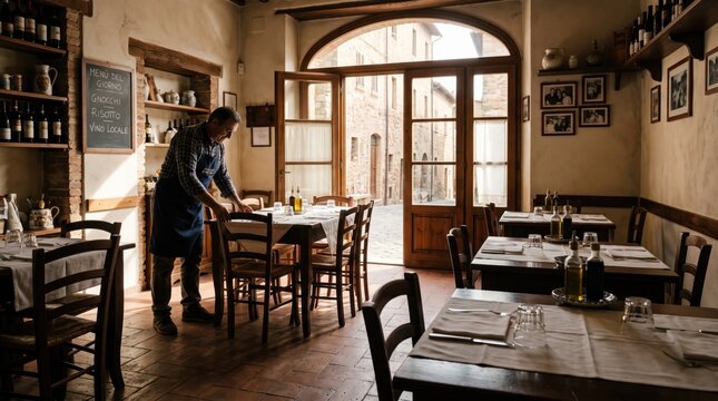 Tuscan Trattoria Preparation: A seasoned restaurateur meticulously arranges tables in a cozy, sun-drenched trattoria, preparing for a day of authentic Italian hospitality.