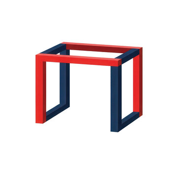 Red and blue impossible cube optical illusion 3D geometric shape isolated on white background.