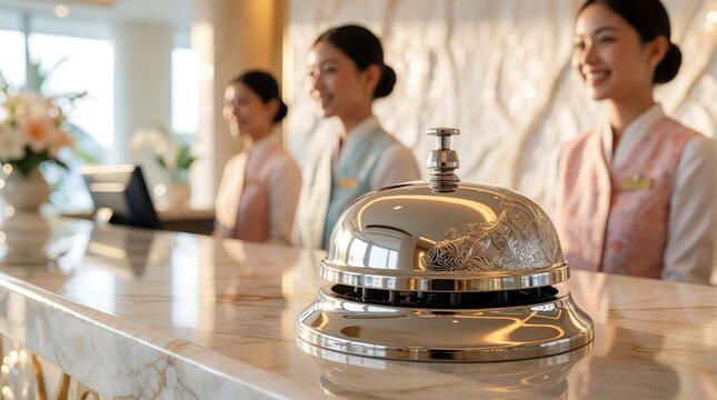 Bell on marble desk with smiling receptionists. Hotel staff in pastel uniforms offer service. Warm light reflects on shiny service bell. Welcoming atmosphere, professional hospitality team.