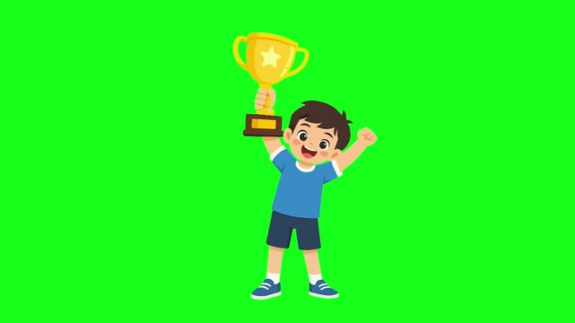 Winner animated happy young boy holding trophy cup celebrating victory 4k chroma key green screen background