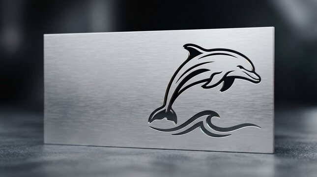 Dolphin leaping over waves stylized graphic on brushed metal surface