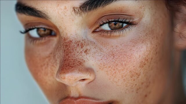 Close-up of a young woman's face with freckles. Brown eyes gaze softly into the camera. Skin texture and freckles are vivid and detailed. Soft lighting enhances natural facial features