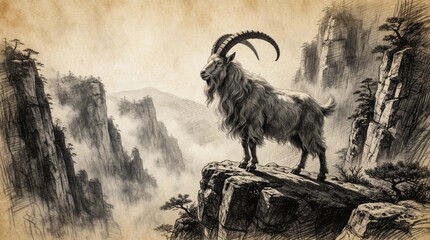 Fototapeta premium Pencil sketch style art shows a goat standing on cliff edge. Misty mountains rise in background. Traditional chinese ink wash painting effect. Nature, wildlife, fantasy theme.
