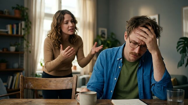 Stressed man sitting at table while woman argues in background