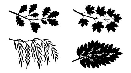 Obraz premium Set of hand drawn tree branches with leaves silhouettes.