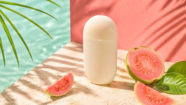 Minimal Cosmetic Stick with Fresh Grapefruit on Pastel Summer Background