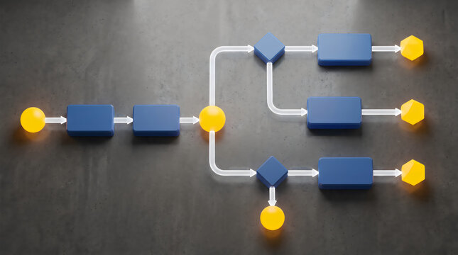 3D flowchart diagram illustrating process workflow and decision tree with geometric shapes