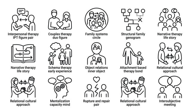 Set of psychotherapy and psychological counseling line icons for mental health professionals.