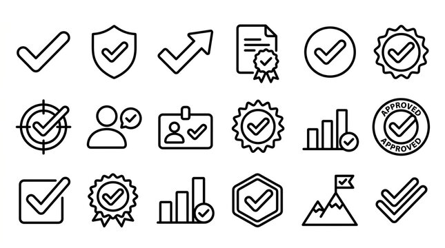 Set of check mark and approval icons in thin line style