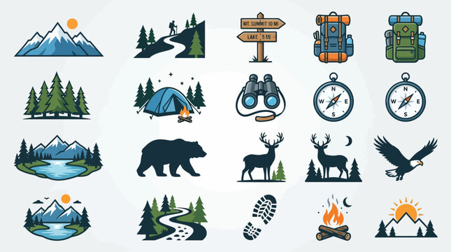 Collection of Outdoor Adventure and Camping Icons with Mountains, Forests, and Wildlife.