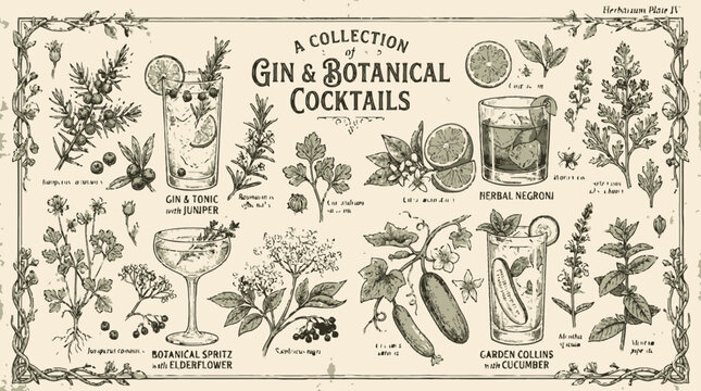 Hand Drawn Illustration Collection of Gin and Botanical Cocktails.