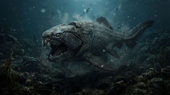 Dunkleosteus swimming in ocean