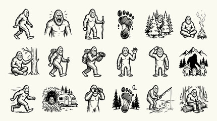 Obraz premium Set of Bigfoot Sasquatch character illustrations in hand drawn sketch style.