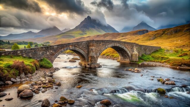 An old vintage brick bridge majestically crosses a serene river in sligachan isle of skyes rugged and misty landscape