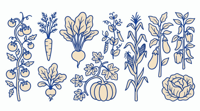 Vintage vegetable garden illustrations, hand drawn farm produce icons, blue line art vegetable set for organic food packaging