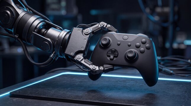 A robotic mechanical arm holding a black game controller over a dark surface with glowing ad social media download thambnail poster web template event festival 2026 2027 2028