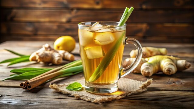 A delicate glass filled with ginger iced tea infused with lemongrass sat on a simple wooden table