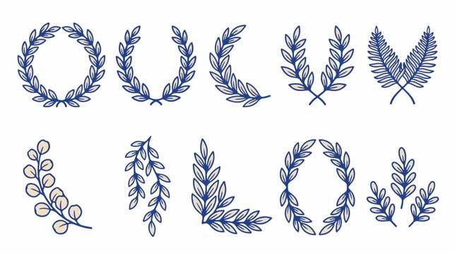Vintage laurel wreath collection, 10 blue hand drawn botanical frames, elegant olive branch border set for wedding invitations