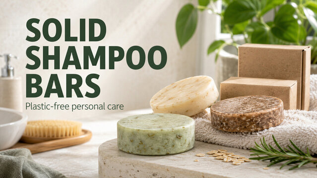Different solid shampoo bars are displayed on a stone surface with plants nearby. These products promote plastic-free personal care. A natural lifestyle is showcased