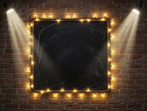 Empty chalkboard with string lights on brick wall. Spotlights illuminate spiderwebs creating spooky atmosphere. Perfect for Halloween announcements or vintage decor.