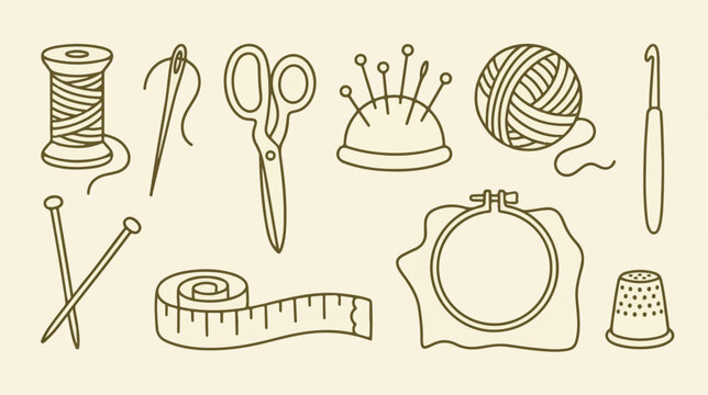 Vintage sewing kit icons vector set. Retro tailoring tools and needlework equipment collection. Brown line art craft supplies.