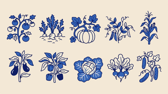 Vintage vegetable garden illustrations, 10 blue linocut farm icons, rustic organic produce vector set for kitchen branding