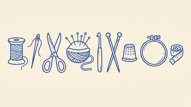 Vintage sewing kit icons vector set, blue line art needlework tools, handcrafted embroidery and tailoring equipment collection
