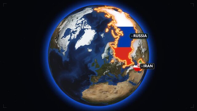 3 d globe animation highlighting russia and iran geopolitical relations and international alliances earth