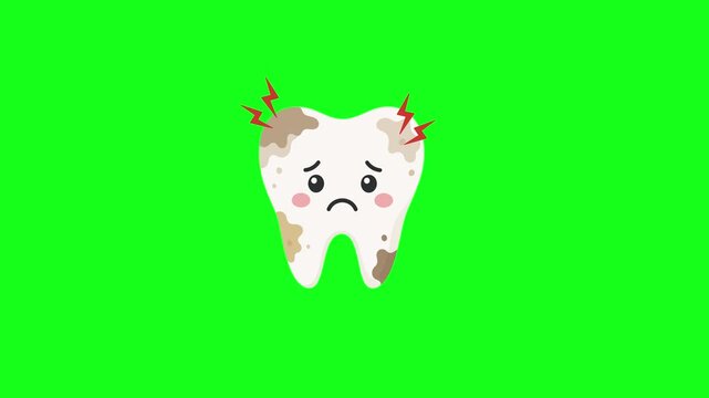 Tooth decay animated sad unhealthy tooth character crying in pain with lightning effect 4k chroma key green screen background