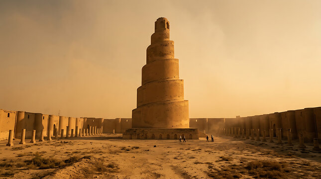 The Great Mosque of Samarra, a spiral minaret in Iraq, stands tall against a dusty, sun-drenched sky.
