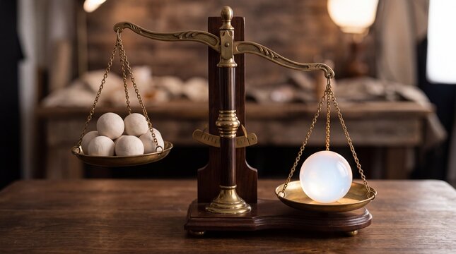 A vintage brass balance scale on a wooden table with a pile of white spheres on one side ad social media download thambnail poster web template event festival 2026 2027 2028