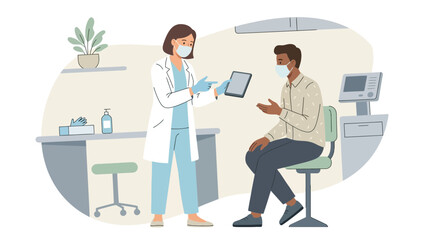 Fototapeta premium Doctor consulting patient, medical checkup with tablet, transparent background
