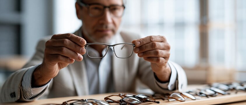 A wide panoramic photograph of a professional male optometrist wearing glasses and a white lab coat, holding up a sleek pair of prescription eyeglasses for a patient in a modern optical store setting.