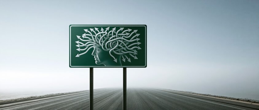 Conceptual photo of a green highway sign with a human profile filled with tangled arrows. Set on a misty road, it symbolizes confusion, mental health, psychology, and decision making.