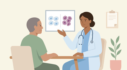 Obraz premium Doctor explaining cell difference to elderly patient, medical consultation illustration