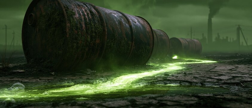 A row of old, rusted industrial barrels covered in green moss lie on cracked ground, leaking a glowing neon-green toxic liquid into puddles under a hazy sky with a smoking factory skyline.
