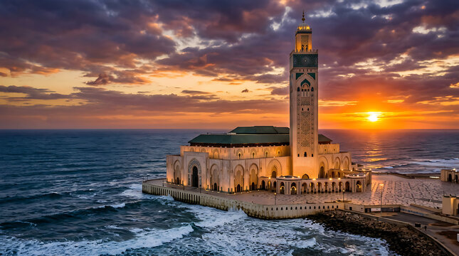 The magnificent Hassan II Mosque in Casablanca, Morocco, illuminated at sunset with dramatic skies and ocean waves.